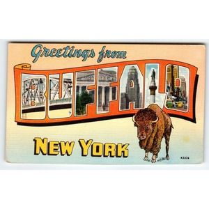 Greetings From Buffalo New York Large Big Letter Linen Postcard Unused Vintage